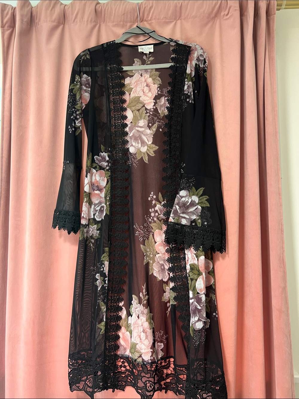 Floral Sheer Lace-Trim Black Maxi Dress